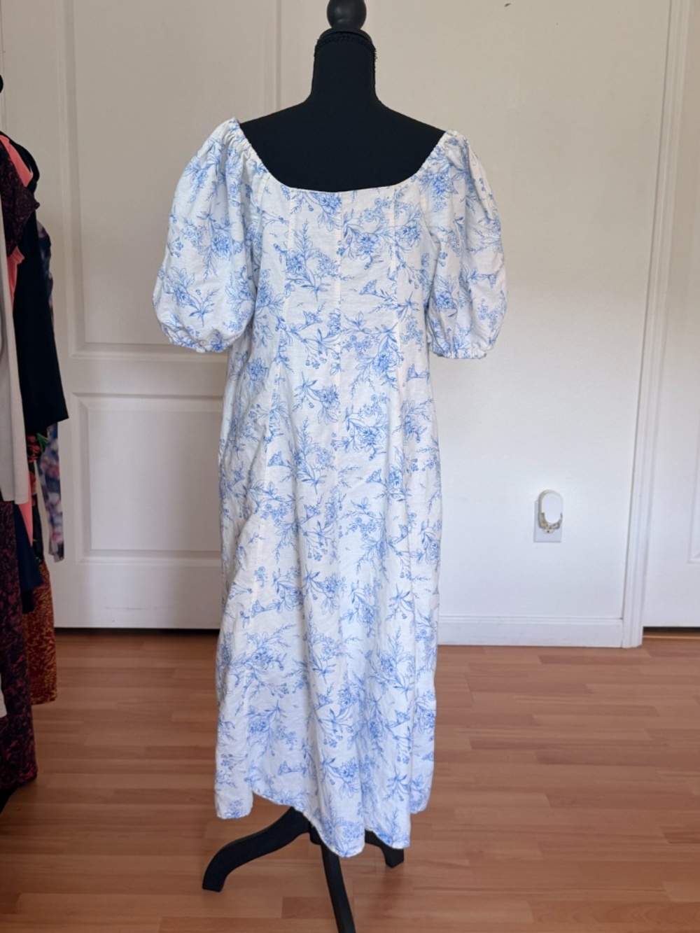 M&S Blue White Floral Toile Linen Midi Dress Puff Sleeve Cottagecore 16 Petite